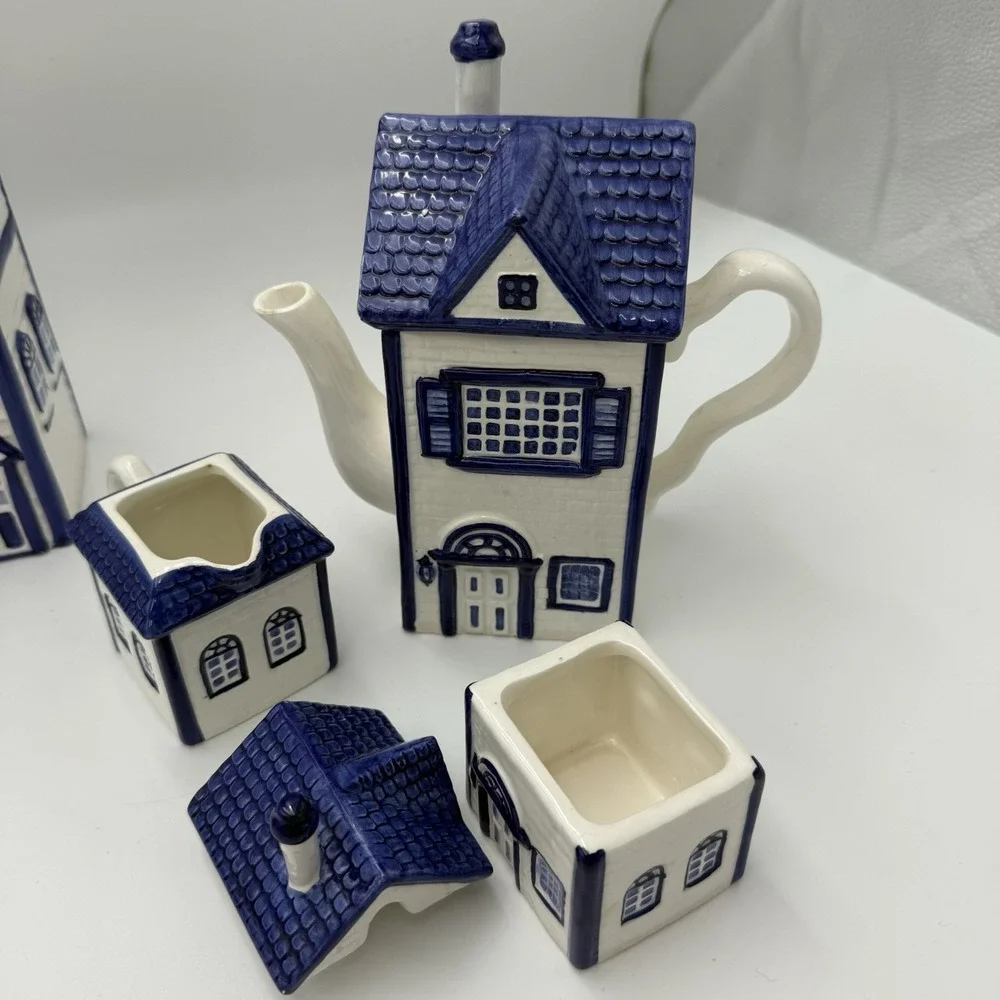 Vtg CKAO Blue White Ceramic House Canister Set 5pc w Lids Pasta Tea Cottagecore
